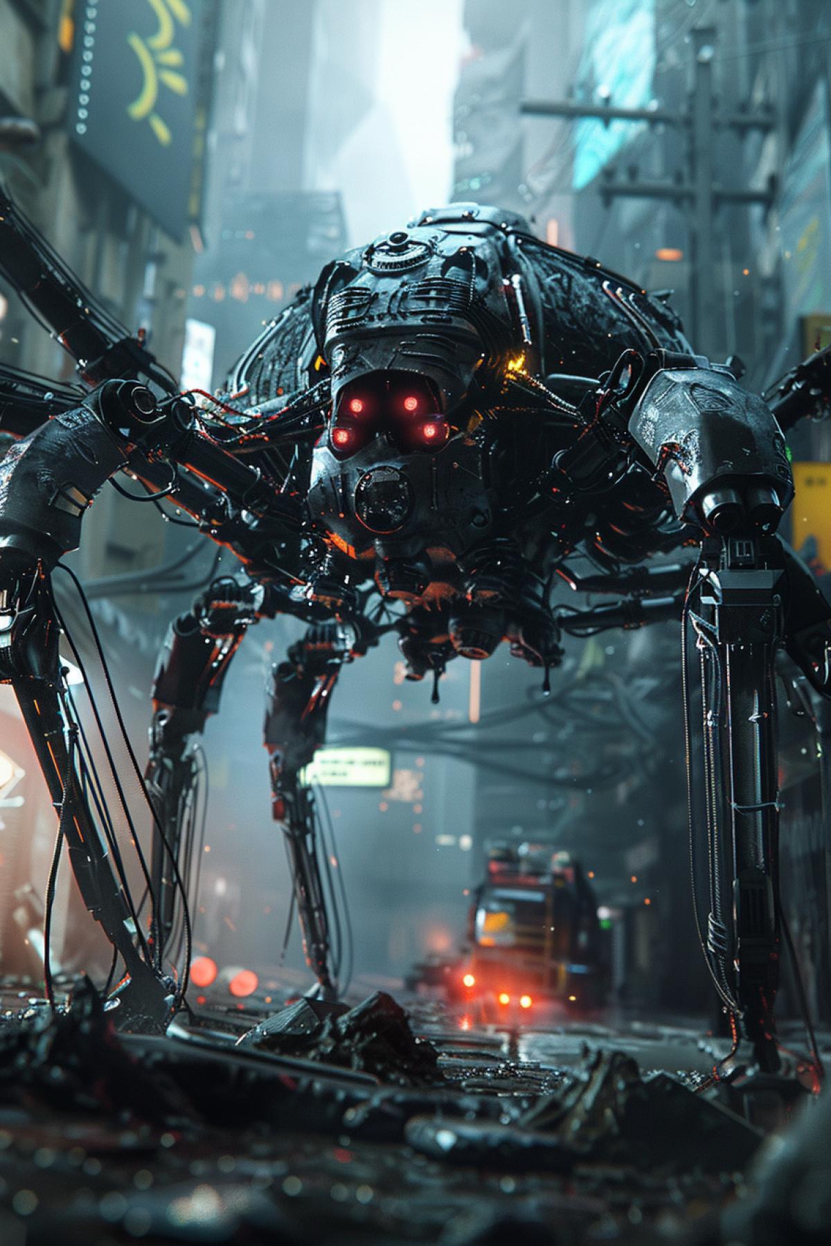 Scary robot, spider robot, cyberpunk, rise of the machines, epic battle, chaos, high quality, volumetric lighting, maximum detail