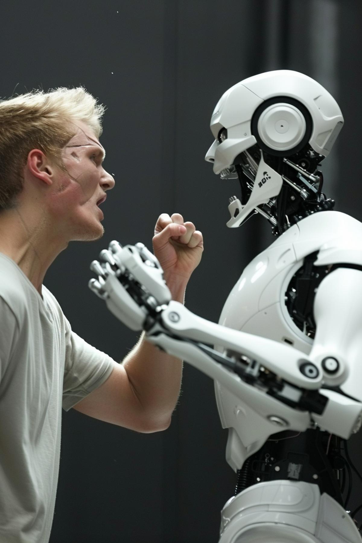 Robot fights with man, fight between man and robot
