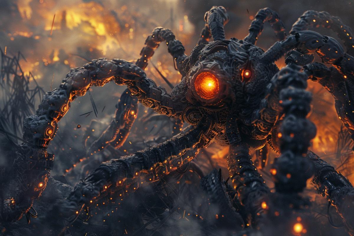 dark robot, scary robot, many eyes, big brain, centipede robot, artificial intelligence, human hunter, epic battle, destruction, high quality, maximum detail