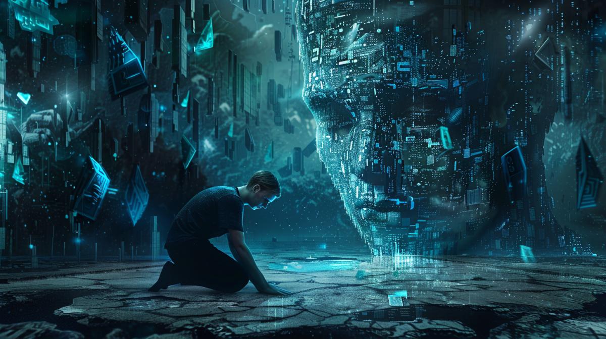 man locked in digital space, kneeling, artificial robot face above him, oppressive atmosphere