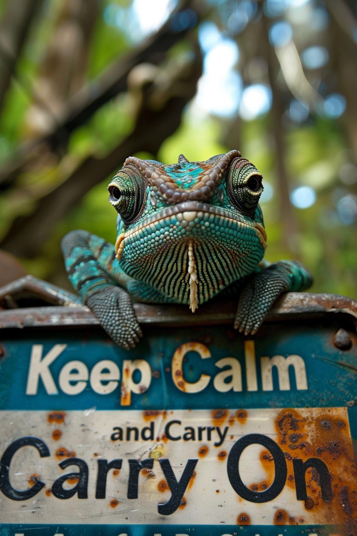 \"Keep Calm and Carry On\" text poster with a picture of an evil chameleon.