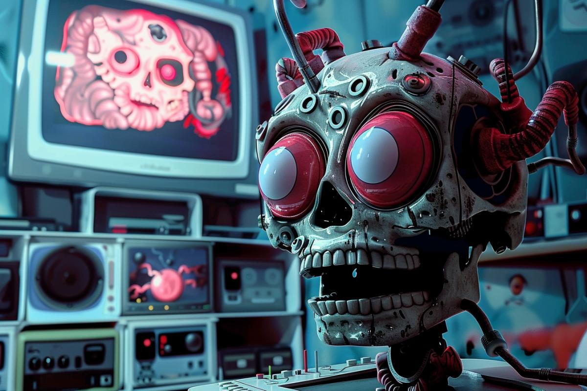 A very strange cartoon is watched on TV, artificial intelligence, metamorphosis