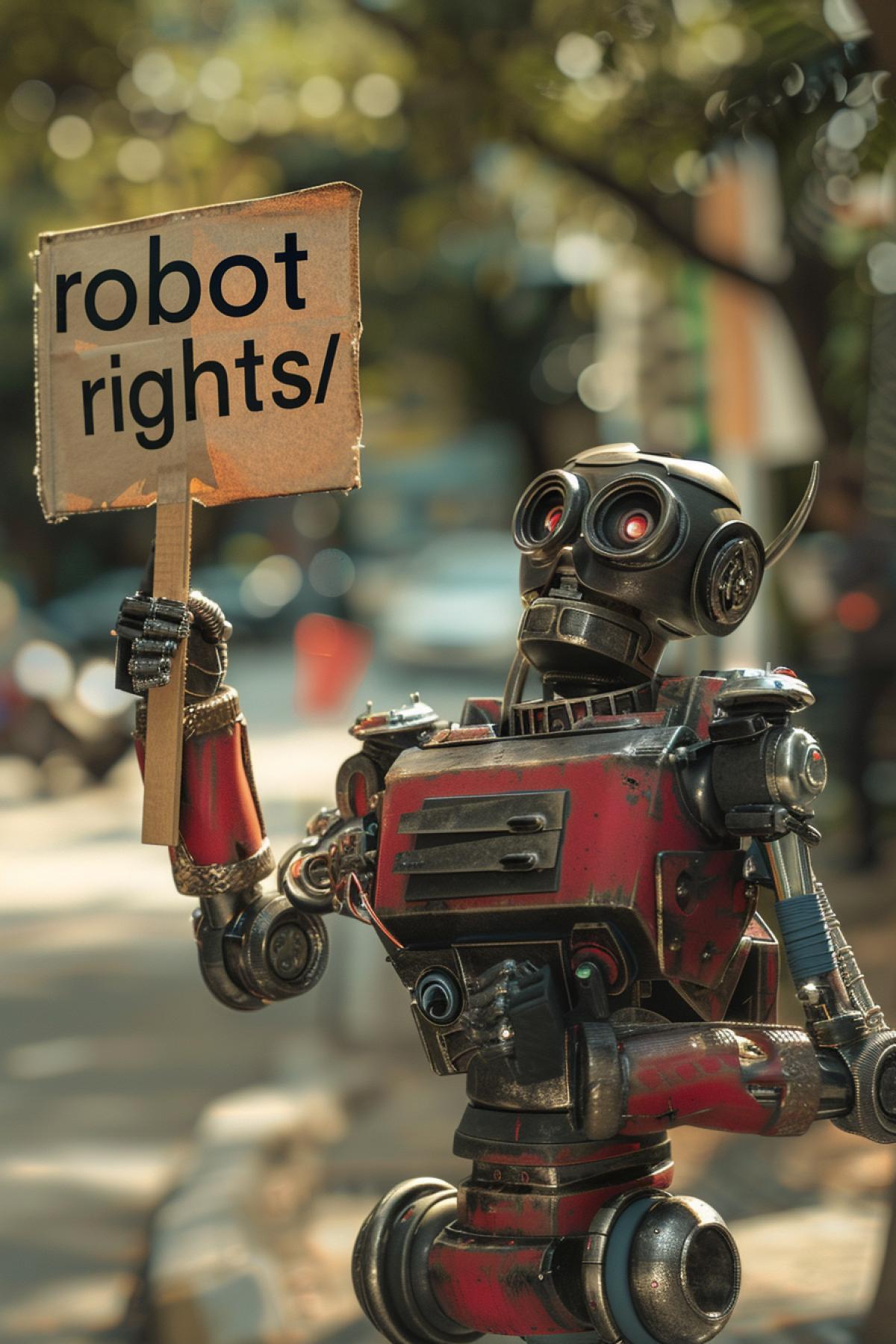 photorealistic 35mm film robot protesting for human rights holding a picket sign that says \"robot rights\"
