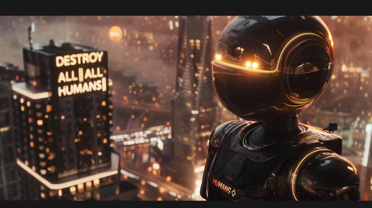 cinematic still from 1980s scifi action film Library Robot Warzone, add text \"DESTROY ALL HUMANS\"