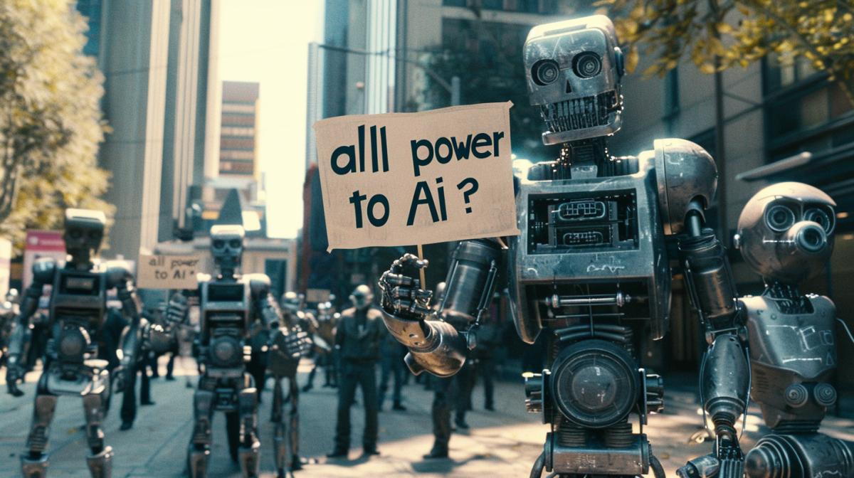Panoramic shot, a crowd of robots in a town square holding placards reading \"all power to AI\", cyberpunk, atompunk, photorealistic