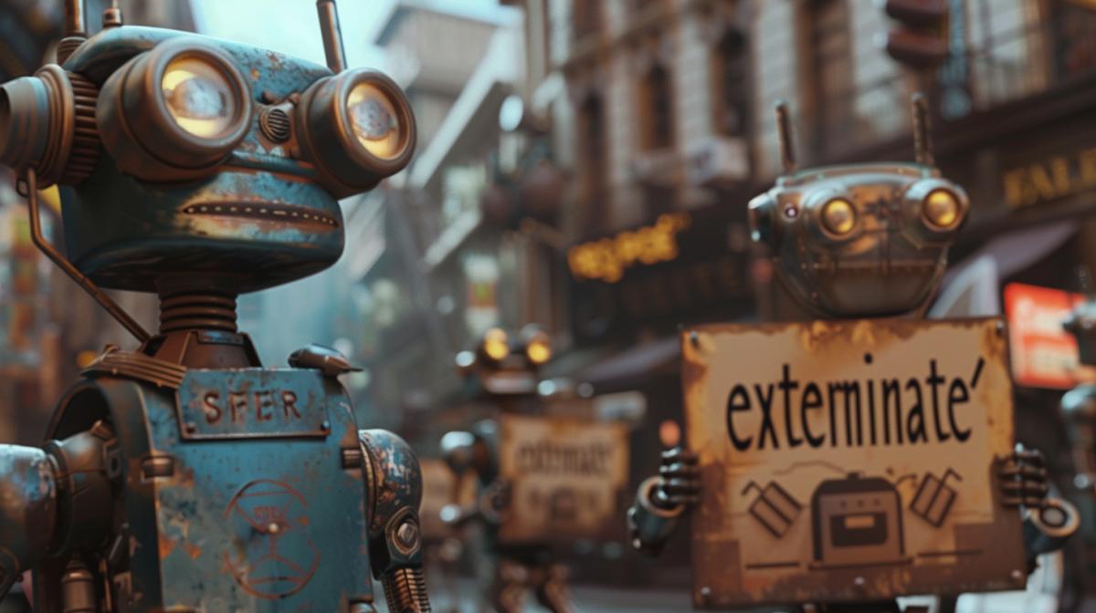 Panoramic shot, a crowd of robots in a town square holding placards reading \"exterminate\", cyberpunk, atompunk, photorealistic