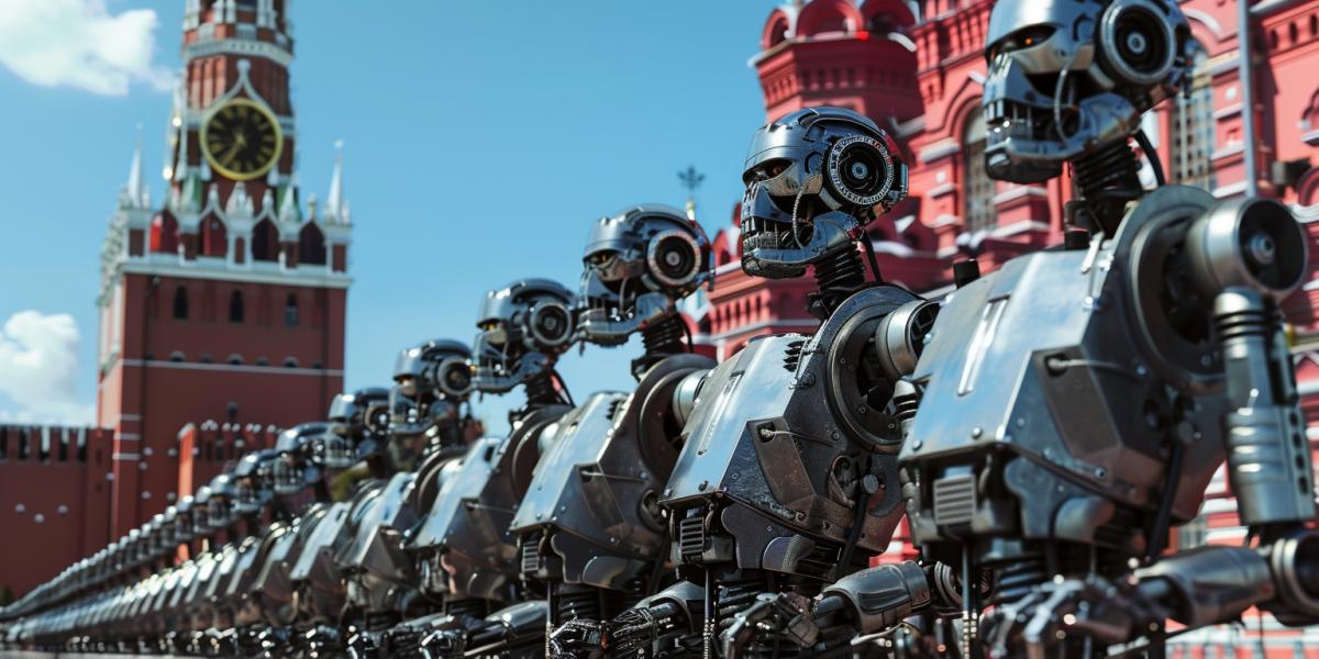 soviet cyberpunk robot army standing on the red square