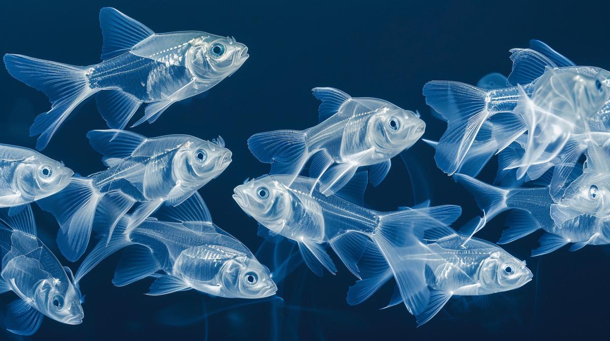 fine-art photography, An aquarium with lots of fish, x-ray, light-blue lighting, in the style of minimalism photography, studio photography, X-ray, Nick Veasey