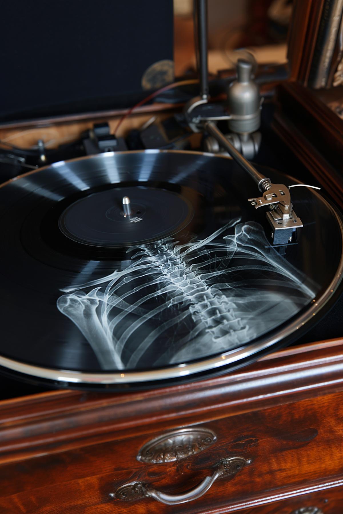Phonograph disk of X-ray film rotating photo of ribs playing on gramophone big tube interior of 1950-s detailed photo