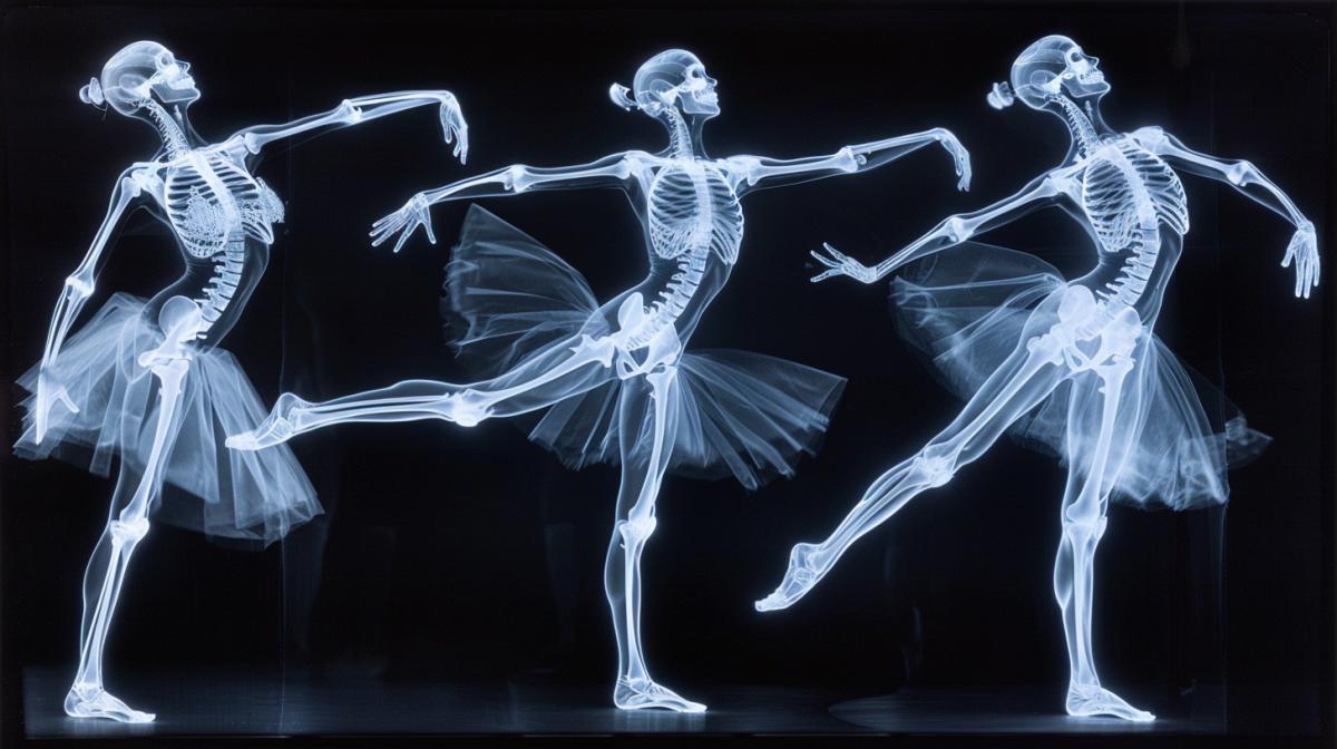fine-art photography, Four ballerinas performing a dance, x-ray, light-blue lighting, in the style of minimalism photography, studio photography, X-ray, Nick Veasey
