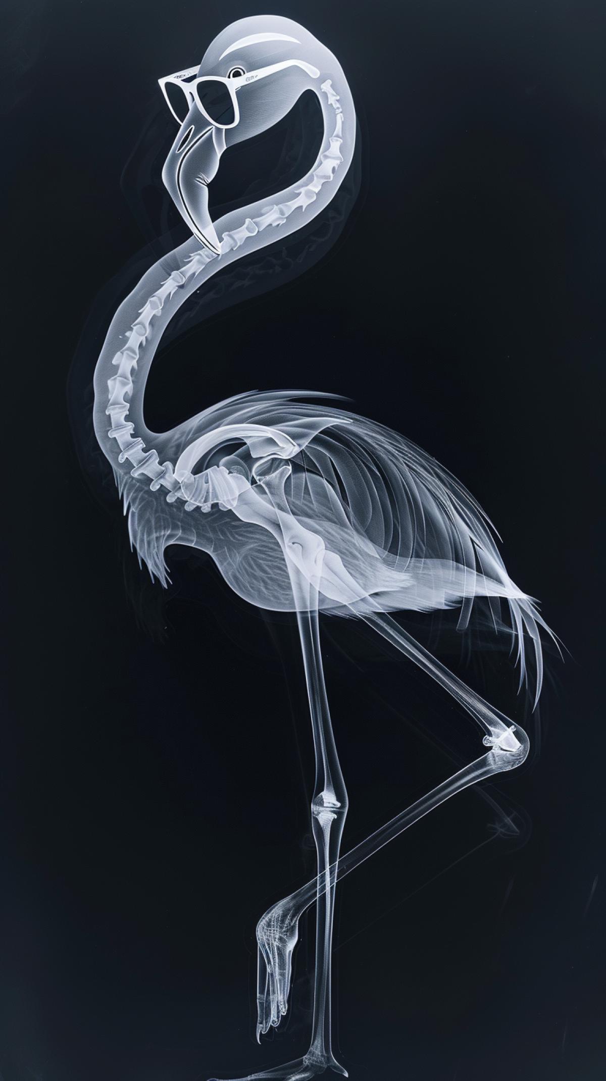 extremely detailed X-ray in the style of Nick Veasey and Kazuki Takamatsu, full body flamingo wearing ray ban pilot glases , style raw