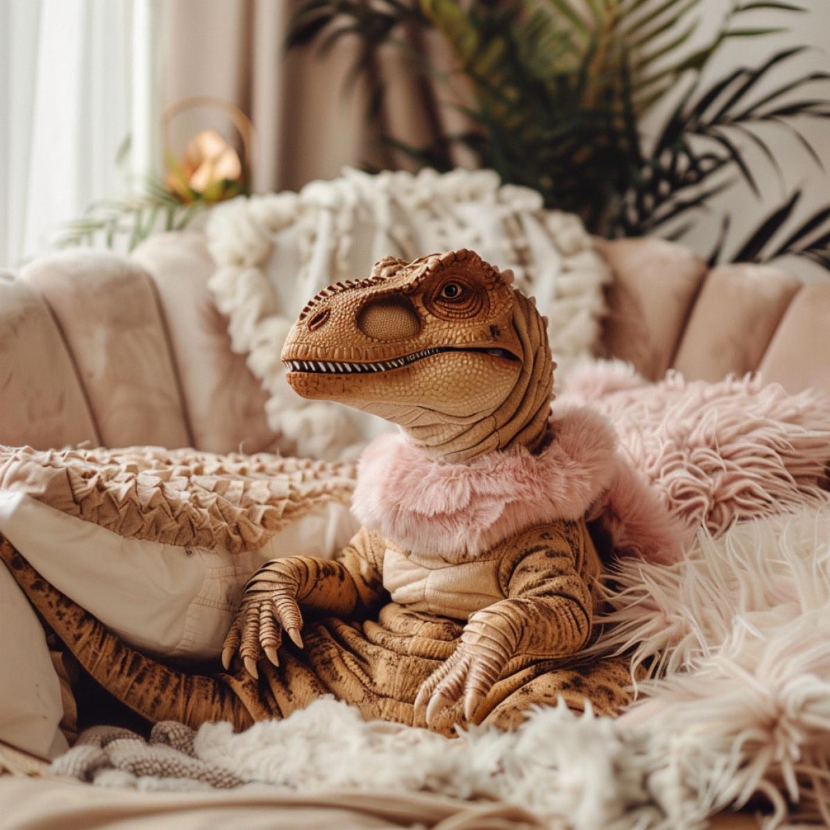 Mini Tyrannosaurus in a pink collar is lying on the couch on a fluffy bedding, cute, cozy atmosphere