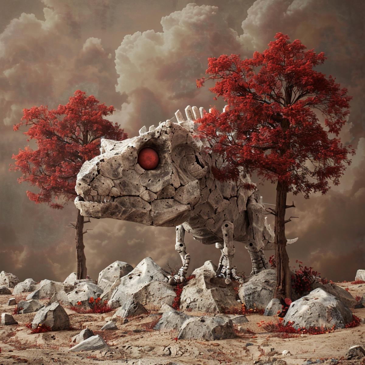 dinosaur in action made of stone, large rocks covered with dirt and red trees with bones, in the style of ritualistic masks, #vfxfriday, whimsical gag-humour, stonepunk