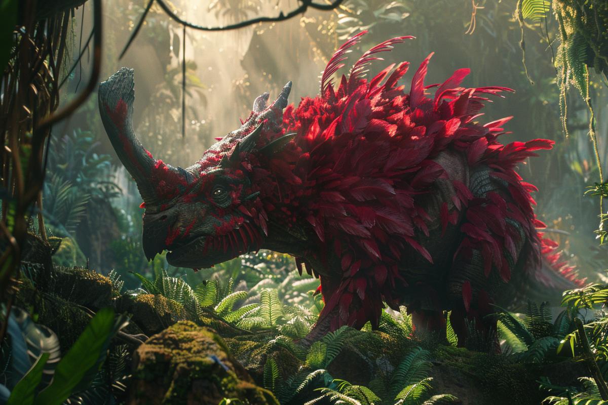 dinosaur in the form of a rhinoceros with a long neck, the body is covered with red feathers in a fern forest
