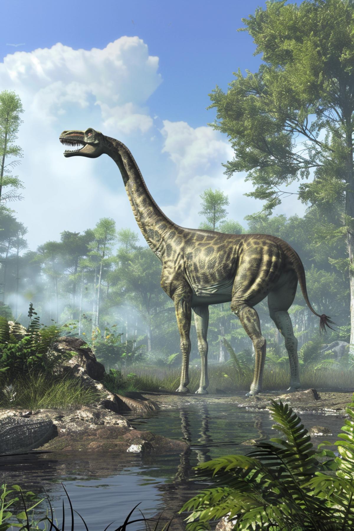 predatory giraffe with large fangs, scaly skin, Mesozoic era