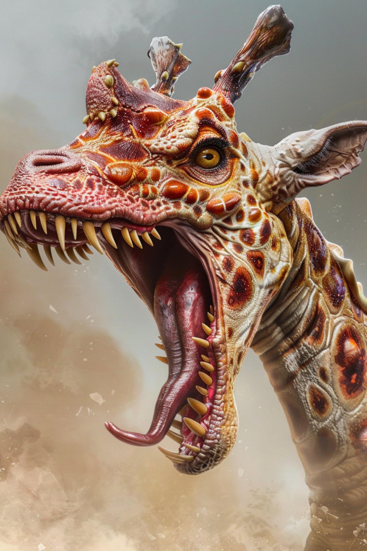 predatory giraffe with large fangs, scaly skin, Mesozoic era