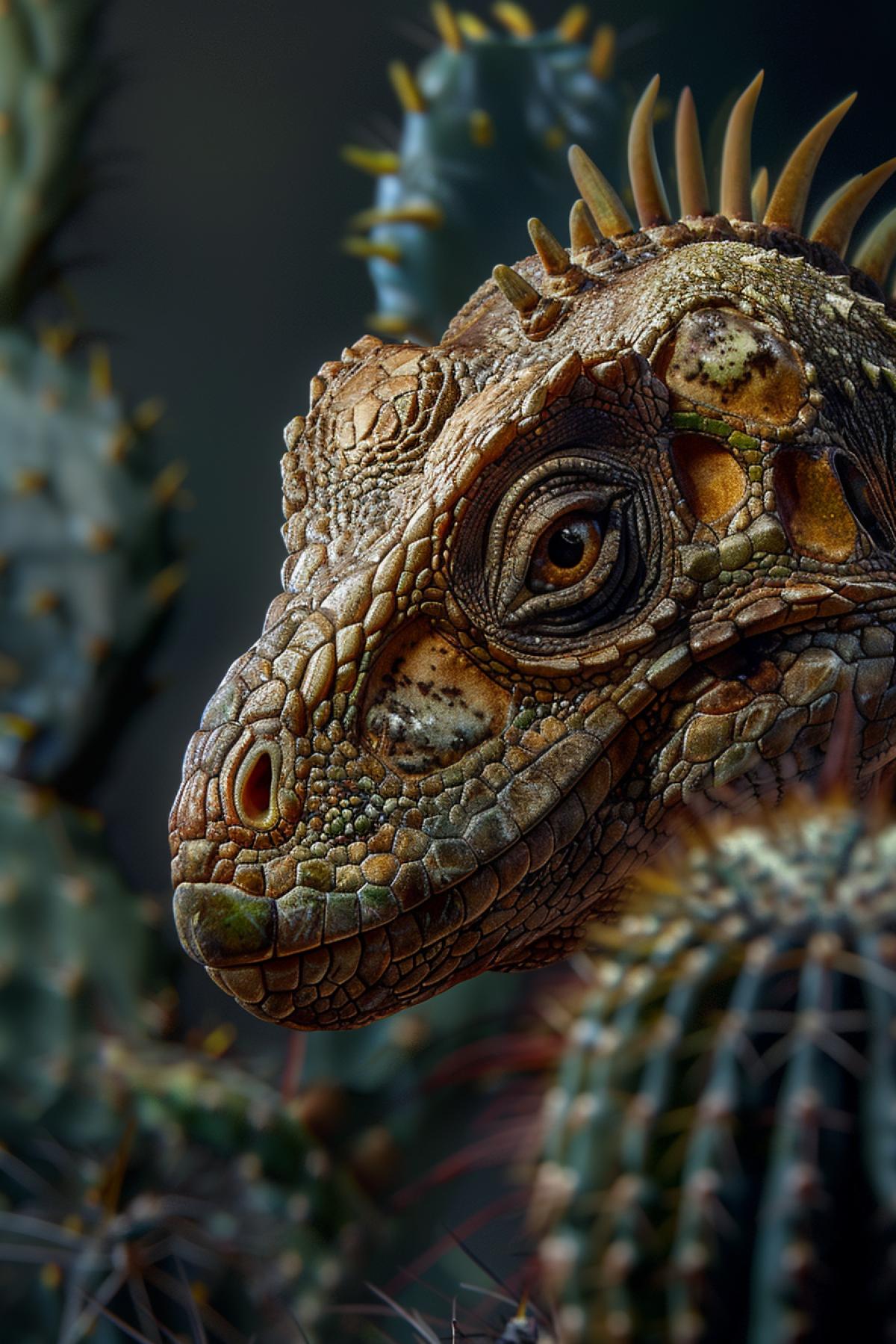 Hybrid of dinosaur and cactus, photorealism