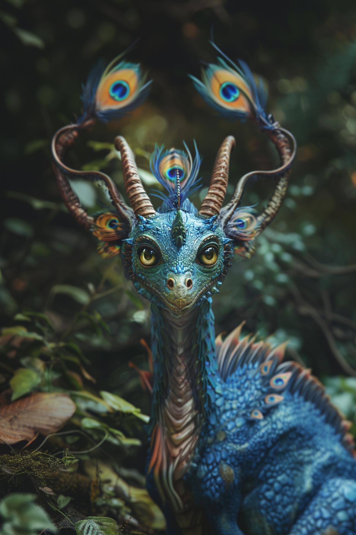 Dinosaur with peacock feathers, three eyes, horns, in the style of the film avatar