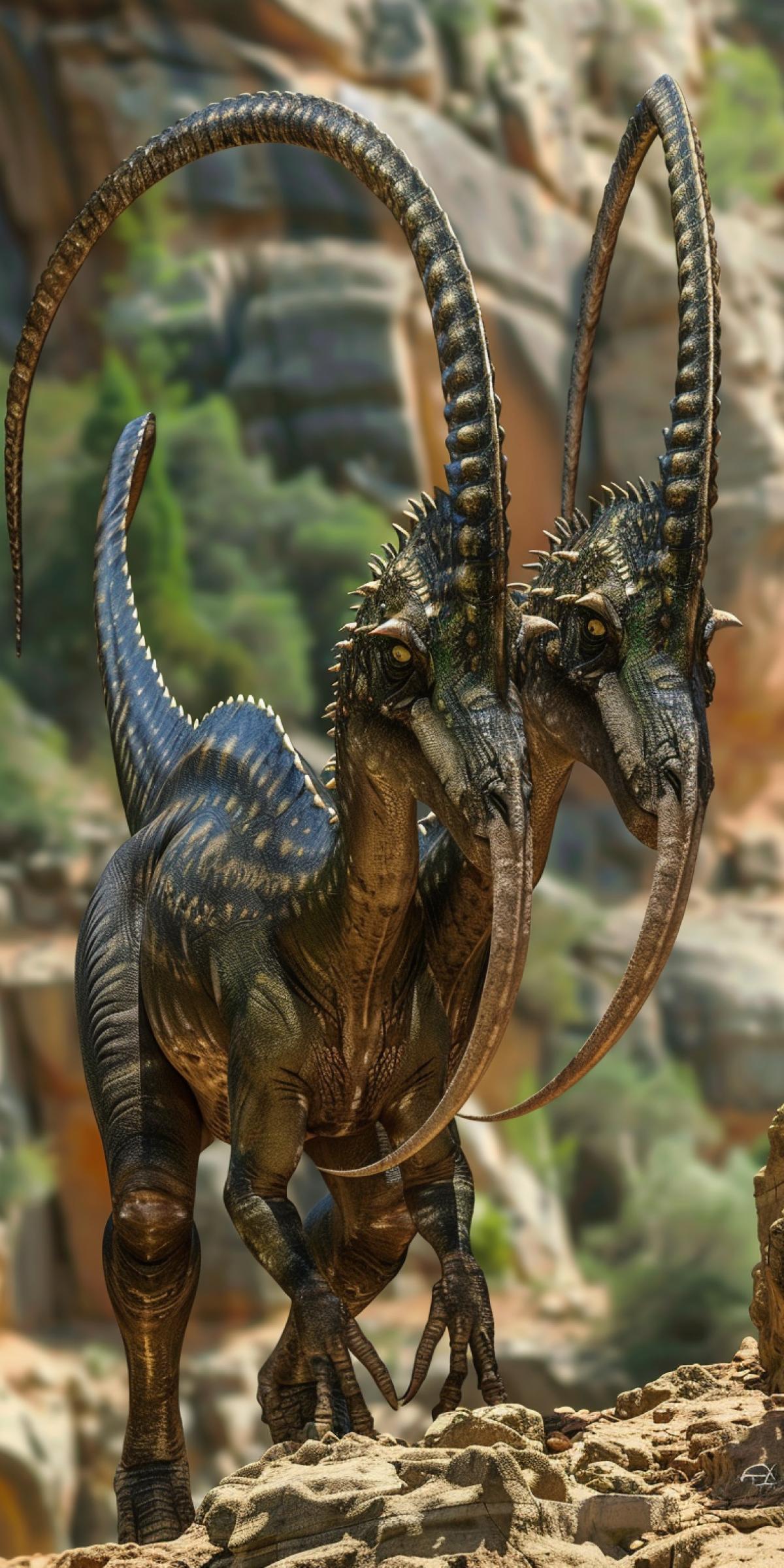 A two-headed dinosaur with long horns and a very long tail, preparing to attack