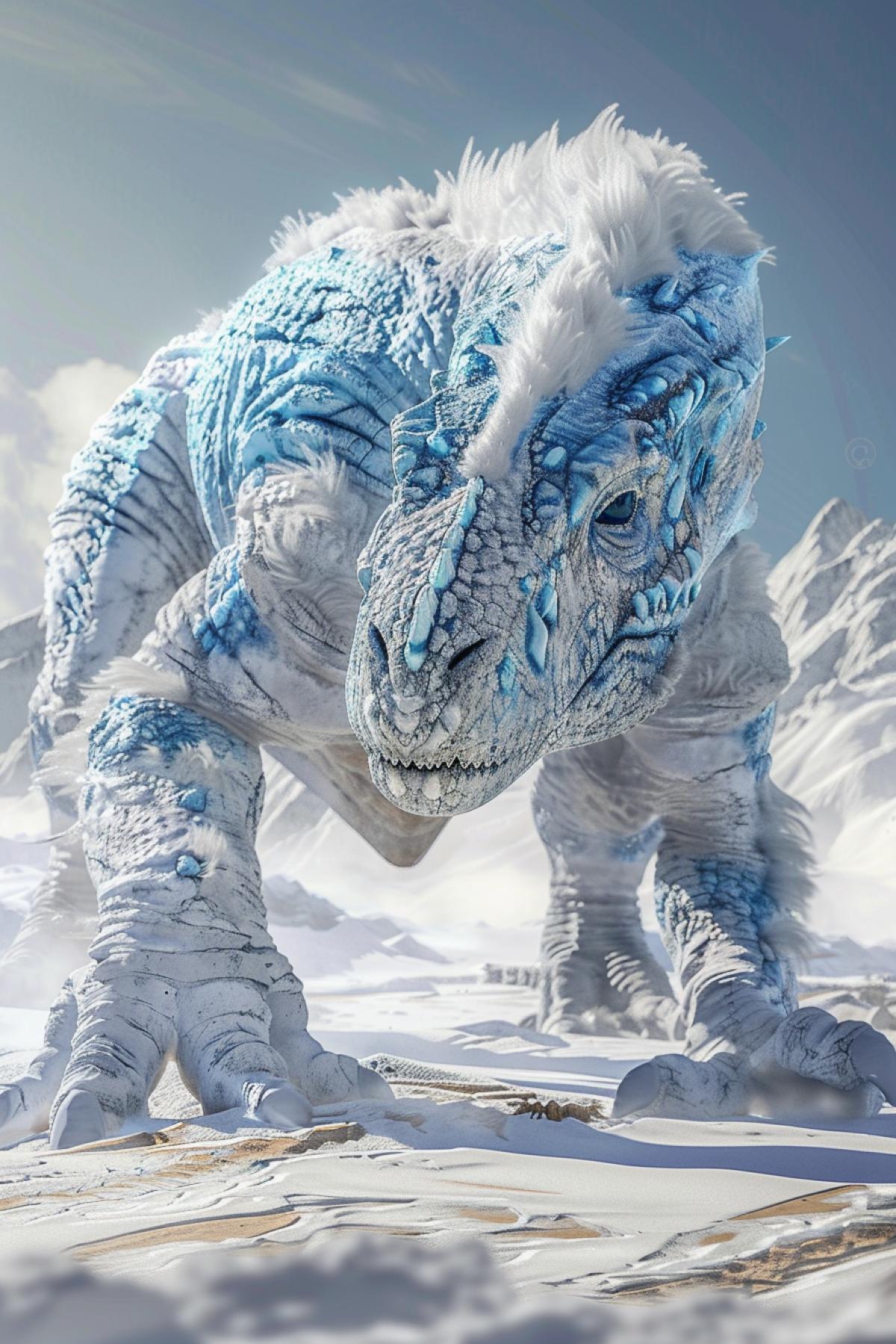 Ice Gigantosaurus is a huge herbivorous dinosaur with snow-white skin and blue markings reminiscent of frost patterns. Its massive body is covered with a thick layer of fur that protects it from the cold. In the snowy desert