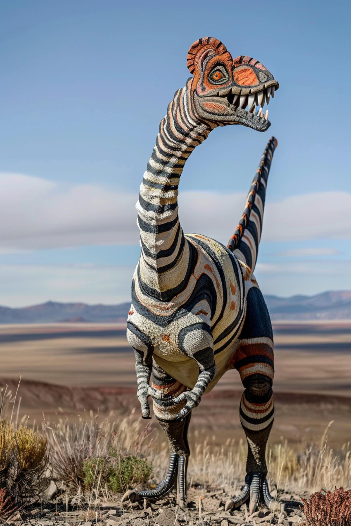 A striped dinosaur with a peacock-like tail luxurys its teeth. flat arid terrain