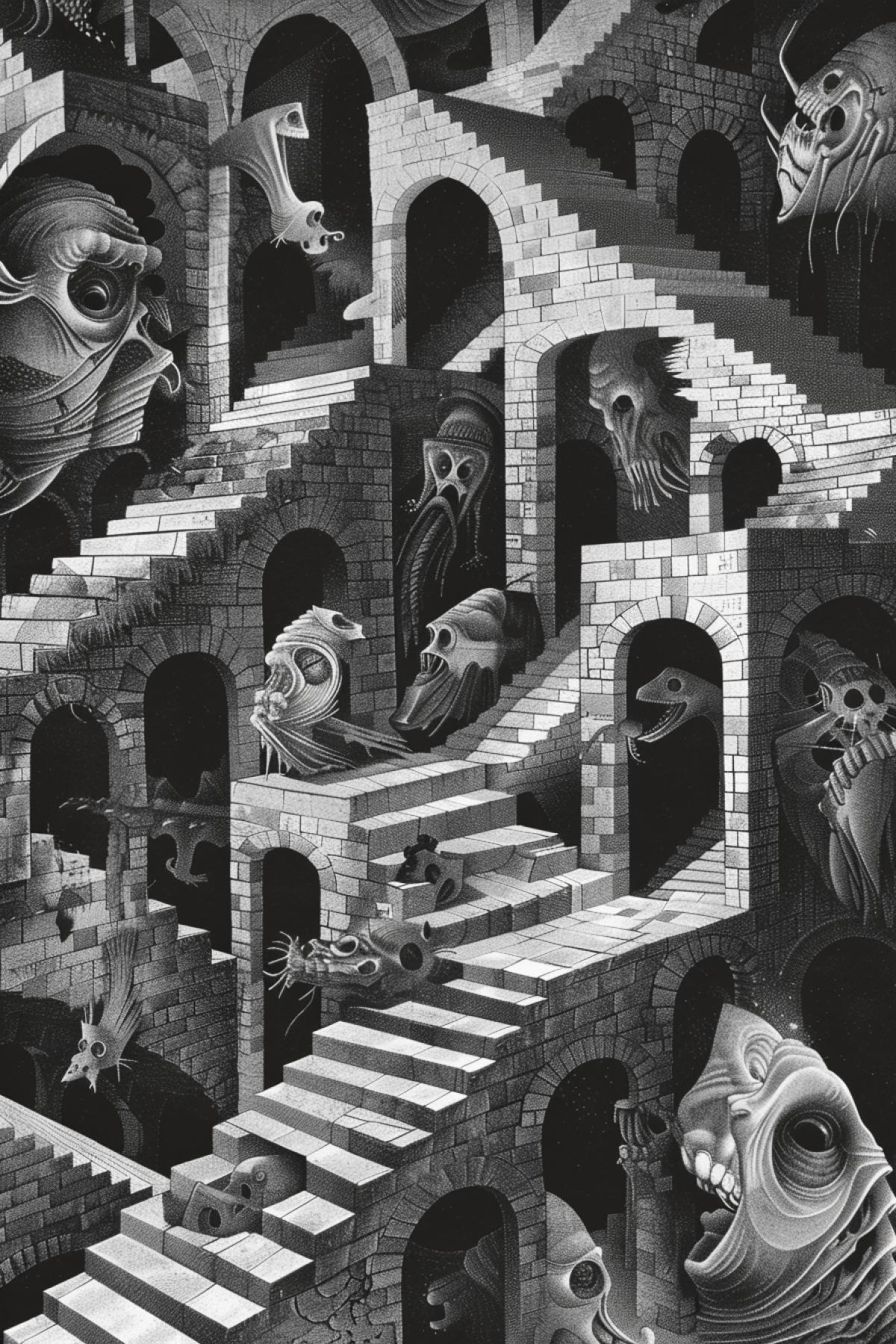 Twelve Bizarre monstrous creatures wondering around impossible 3d stairs some of them upside down and inside out in style of Maurits Escher dark and white linotype
