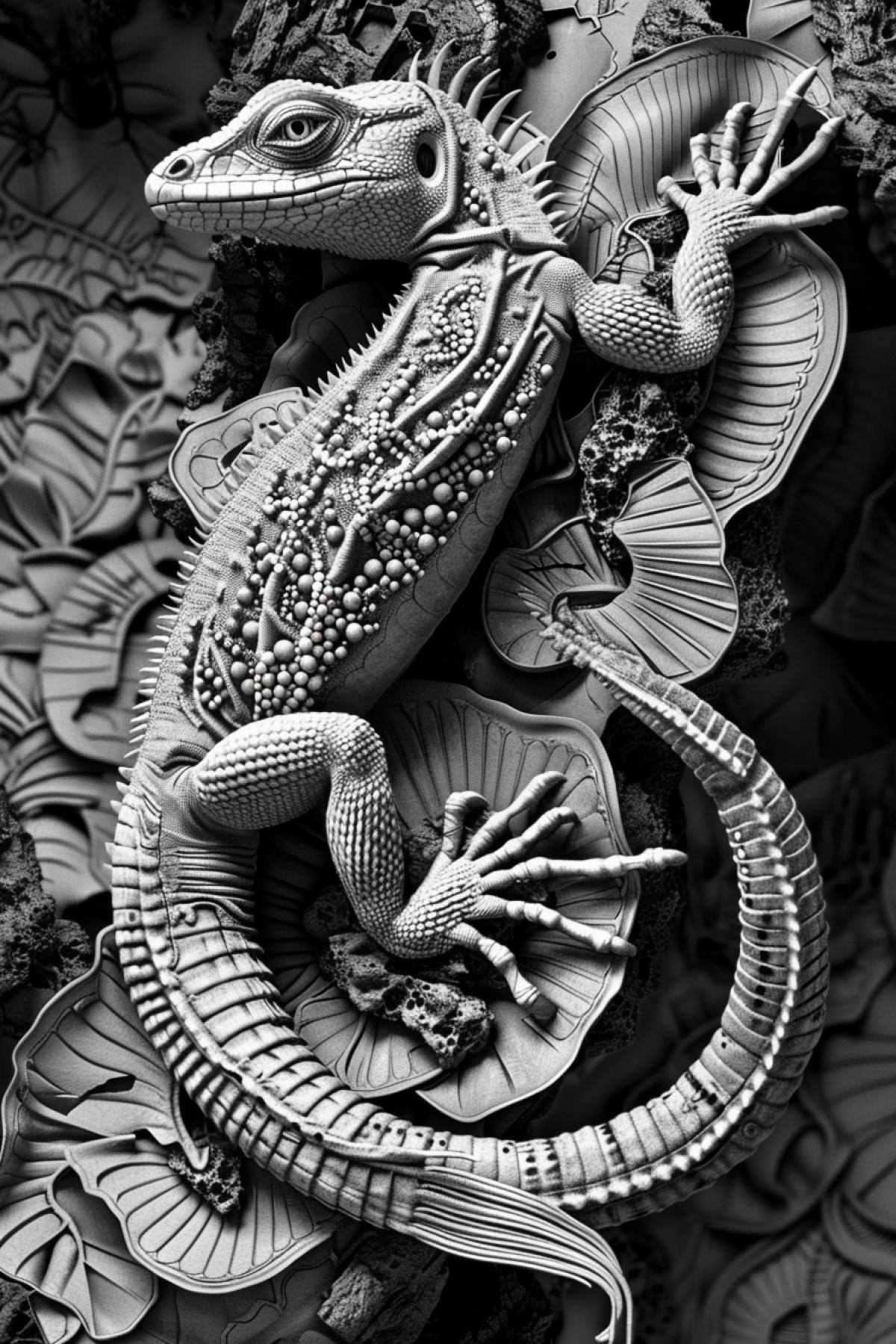 2d lizard transformation into 3d alive lizard in several steps Maurits Escher linotype