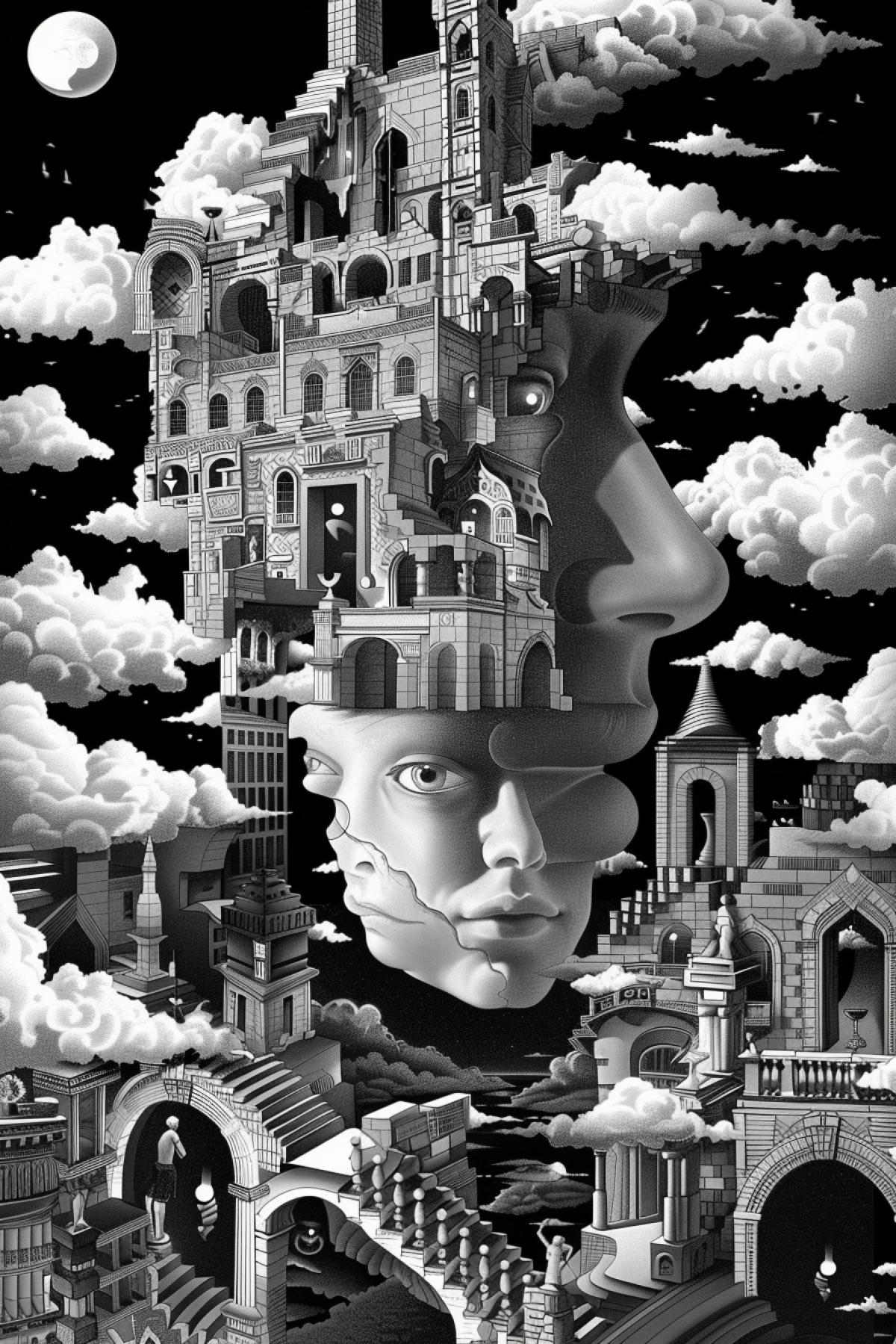 World of darkness, masquerade, surrealism, In the style of M. K. Escher
