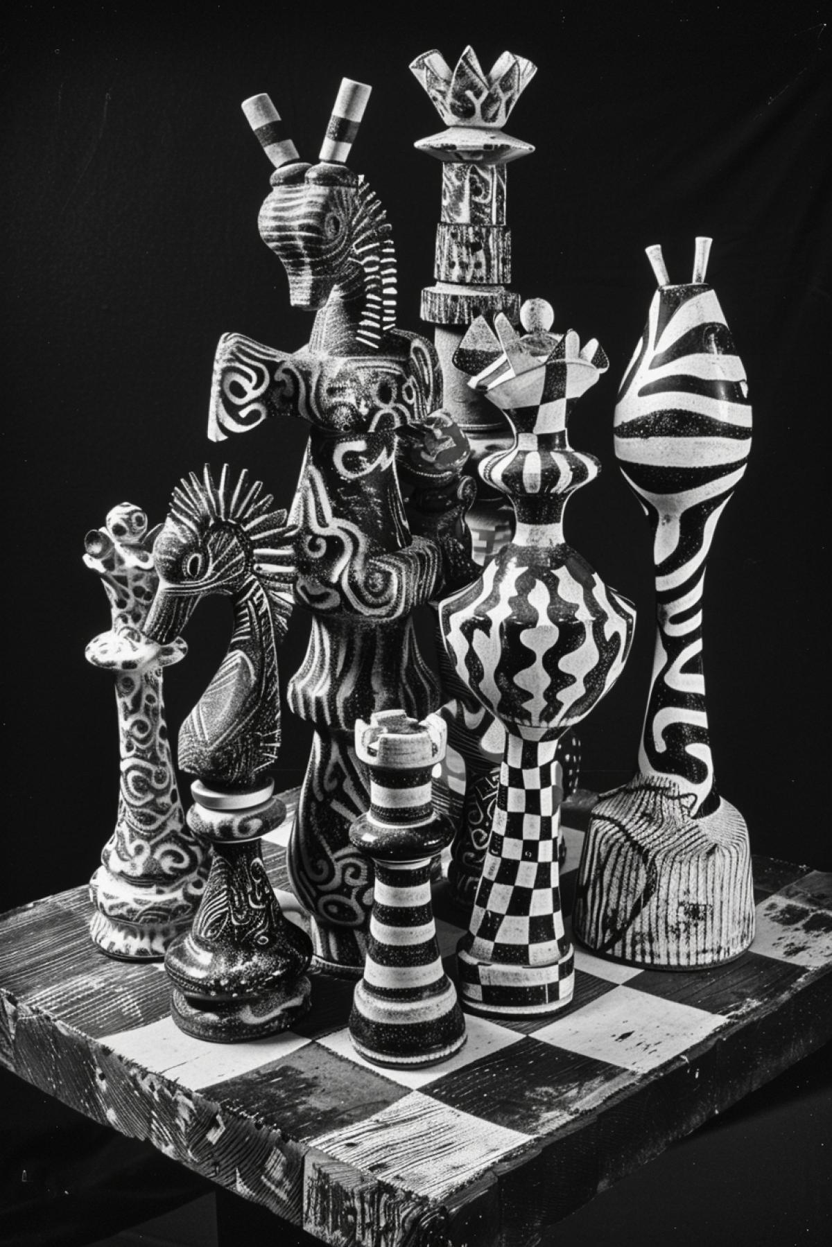 Linotype picturing Alive aggressive chess pieces fighting with each other mortal combat upon chess board Maurits Eschers dark and white linotype
