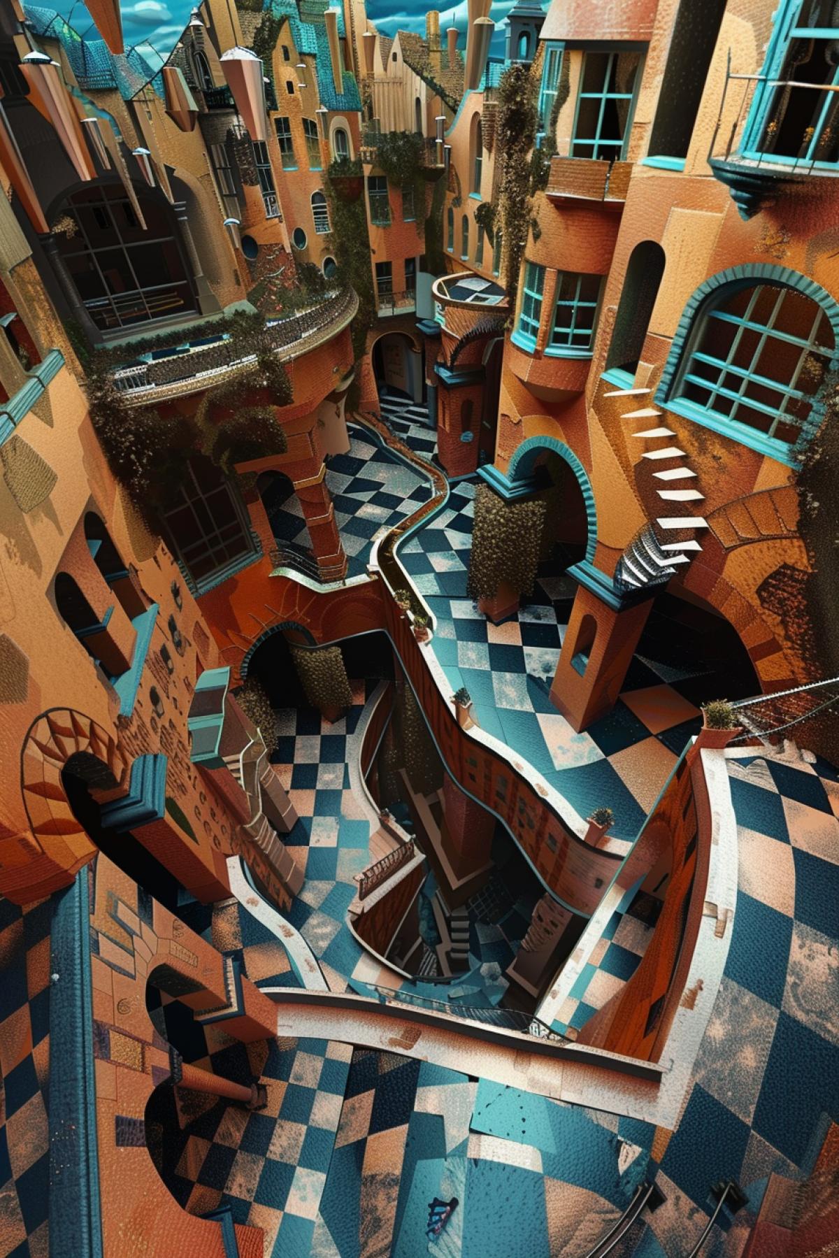 Mad world In the style of M.K. Escher, rich colors, Gothic style