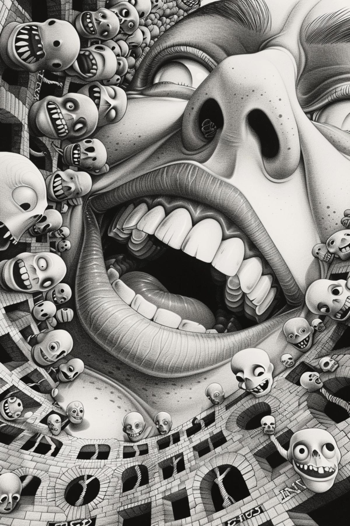 evil grin, In the style of M.K. Escher