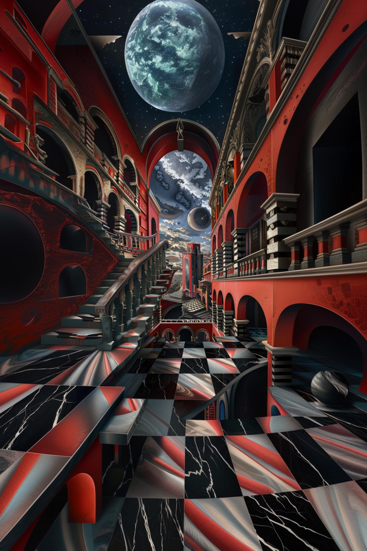 Mad world In the style of M.K. Escher, rich colors, Gothic style