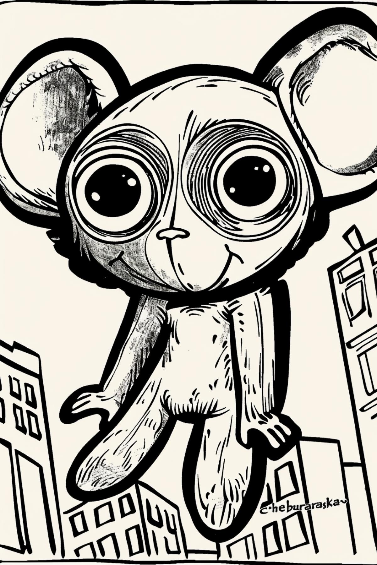 Strange creature with big ears in city scape in style of Maurits Escher linotype \"Cheburashka\"