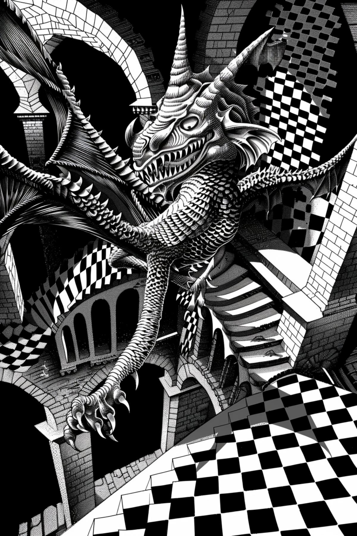 Bizarre monstrous creatures in chequers style of Maurits Escher dark and white linotype