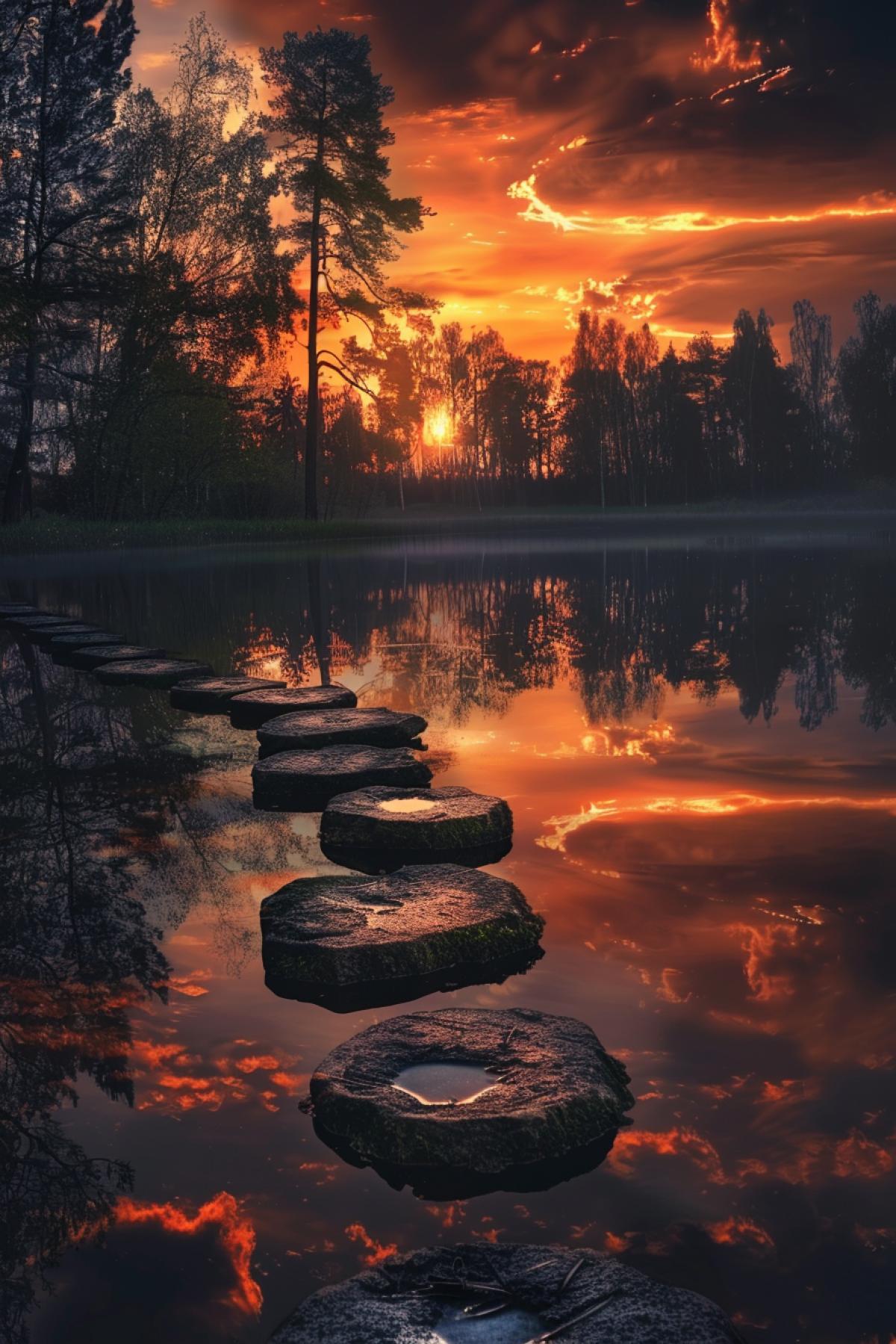 a river running through a forest , digital art, by Alexey Merinov, shutterstock contest winner, dramatic sunset, marvellous reflection of the sky, stepping stones, the glimmering orange dawn, very beautiful photo