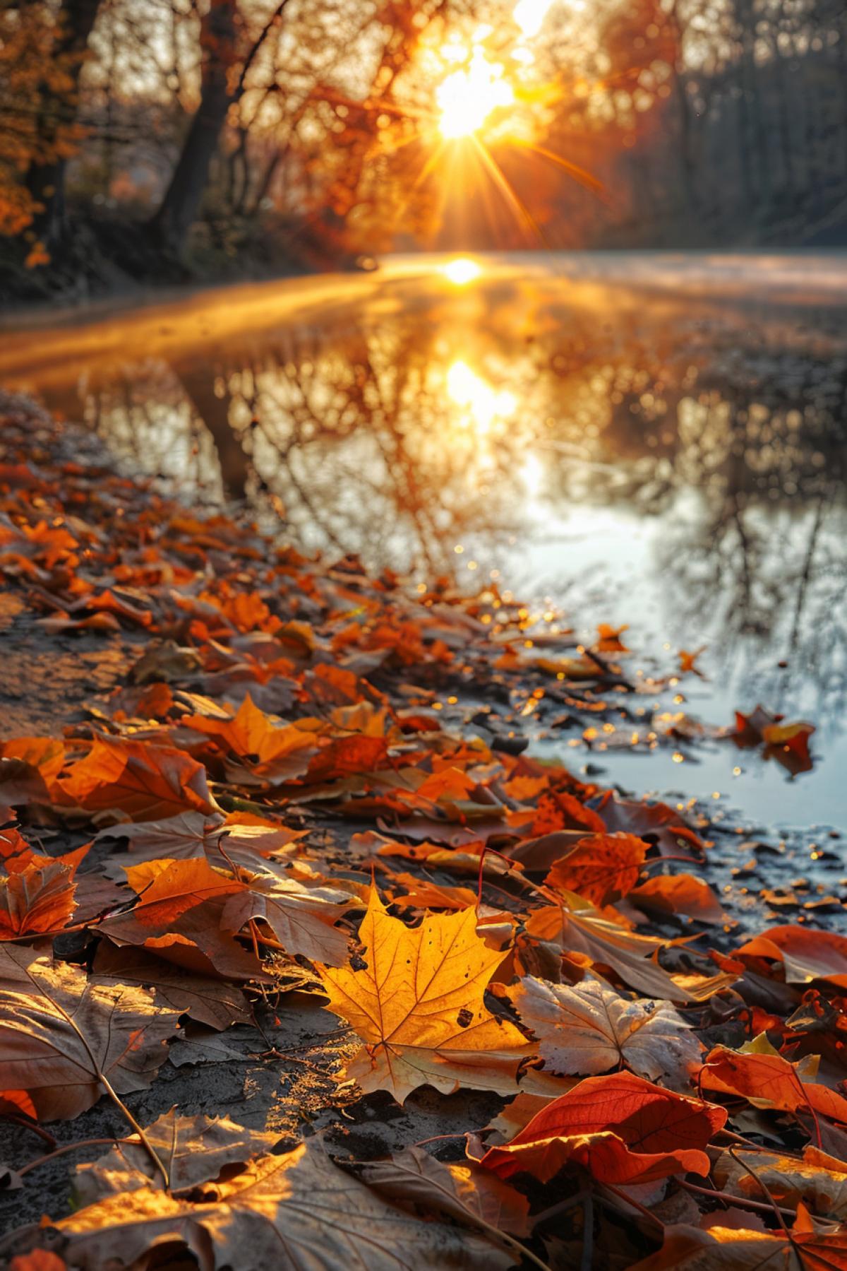 a number of leaves on the ground near a body of water, a picture, by Sebastian Spreng, shutterstock, beautiful sunrise lighting, bursting with holy light, in the autumn forest, absolutely outstanding image, water reflecting suns light, stock photo
