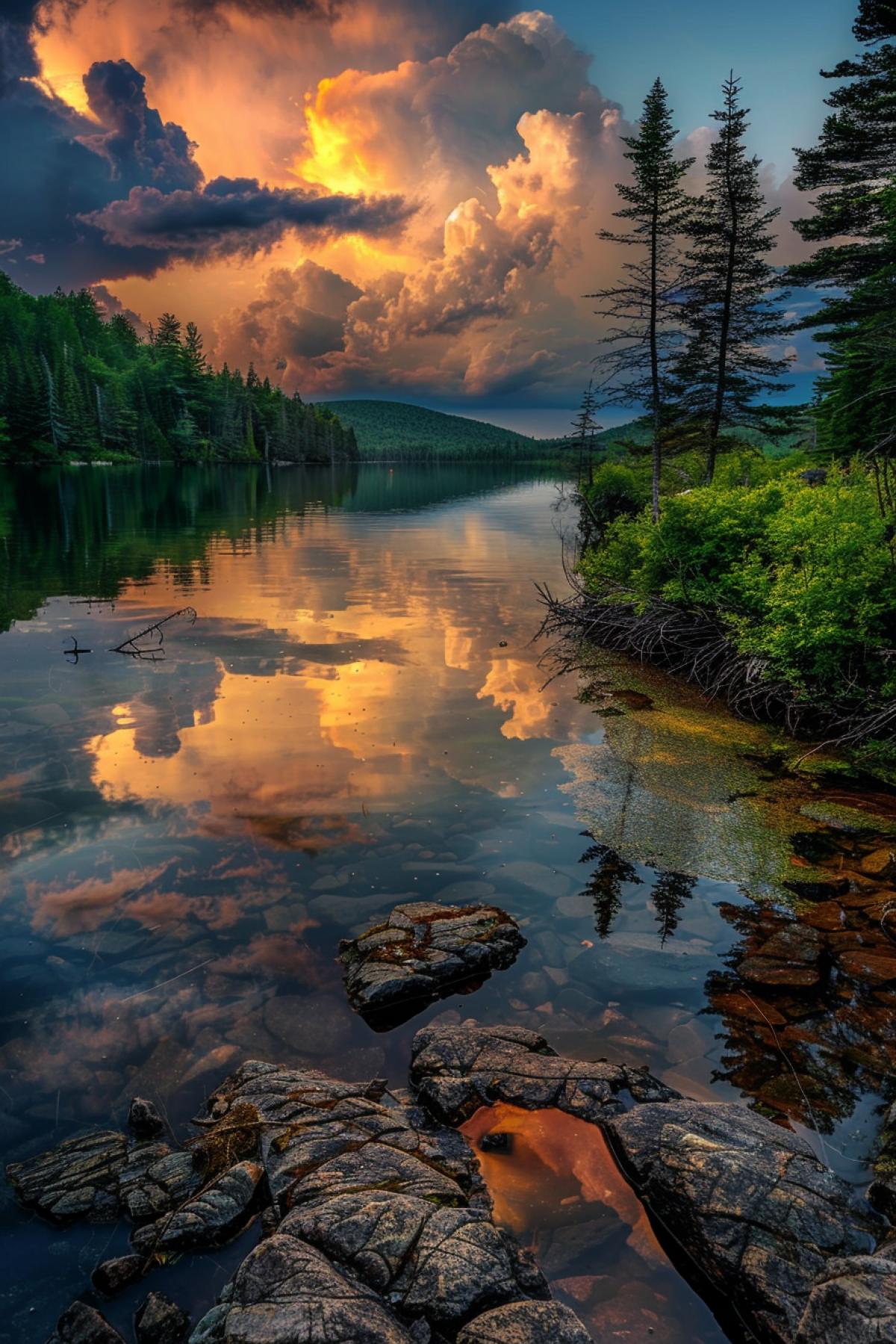 award winning landscape photo by Brandon Montrone of Mirror Lake during a rain storm at sunset,pine tree lined shoreline, epic clouds, rocks with leading lines in foreground, reflections in still water, depth of field, focus stacking, beautiful, stunning, unique trees, vegetation, fishy place