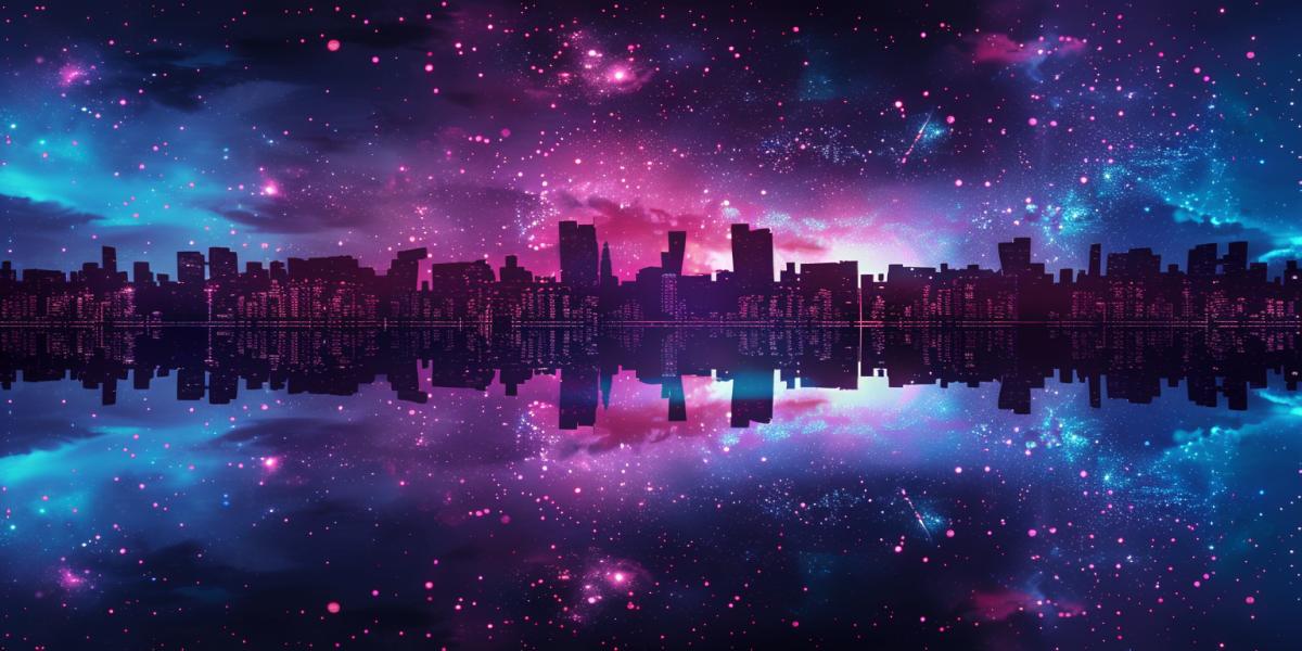 The Megapolis in Radiant Reflection, a captivating dance with their Magenta silhouette shimmeringly repeating on the mirrored surface of a still, Indigo glassy lake beneath the effervescent aurora