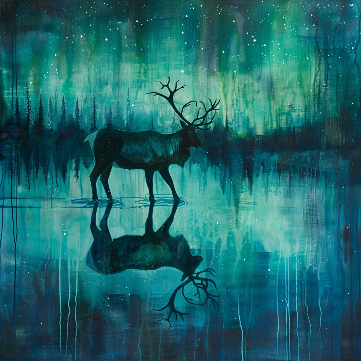 The Reindeer in Radiant Reflection, a captivating dance with their Turquoise silhouette shimmeringly repeating on the mirrored surface of a still, Indigo glassy lake beneath the effervescent aurora
