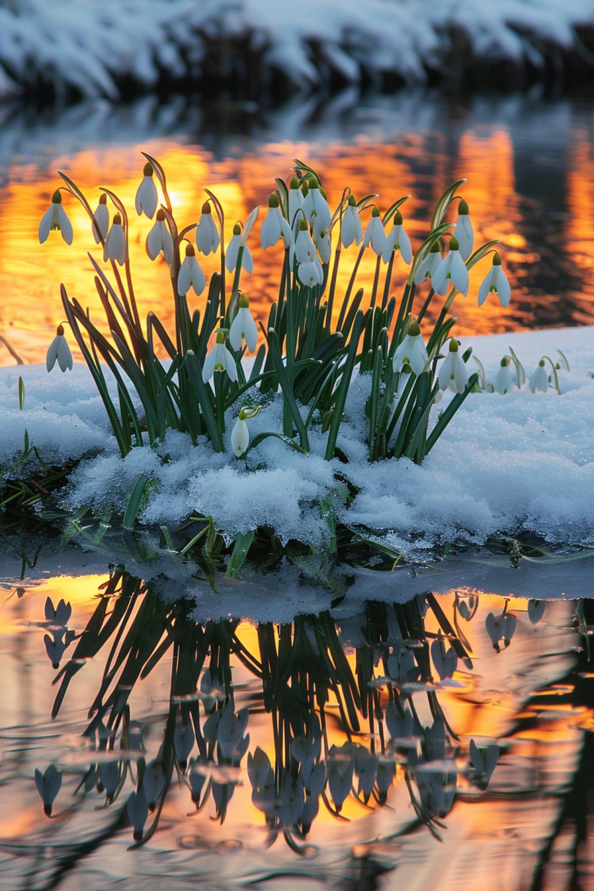 Reflection photography, The reflection of detailed Snowdrops breaking through the snow on the riverbank, striking Sunrise, breathtaking