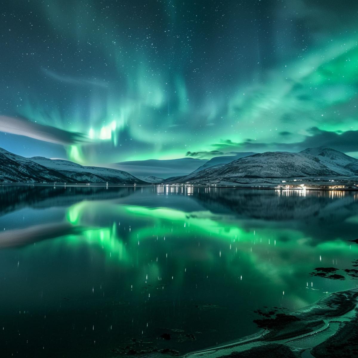 green aurora borealis lights over water and mountains are reflected in the water, in the style of angelic photograph, poster, sigma 105mm f/1.4 dg hsm art, panorama, sigma 85mm f/1.4 dg hsm art