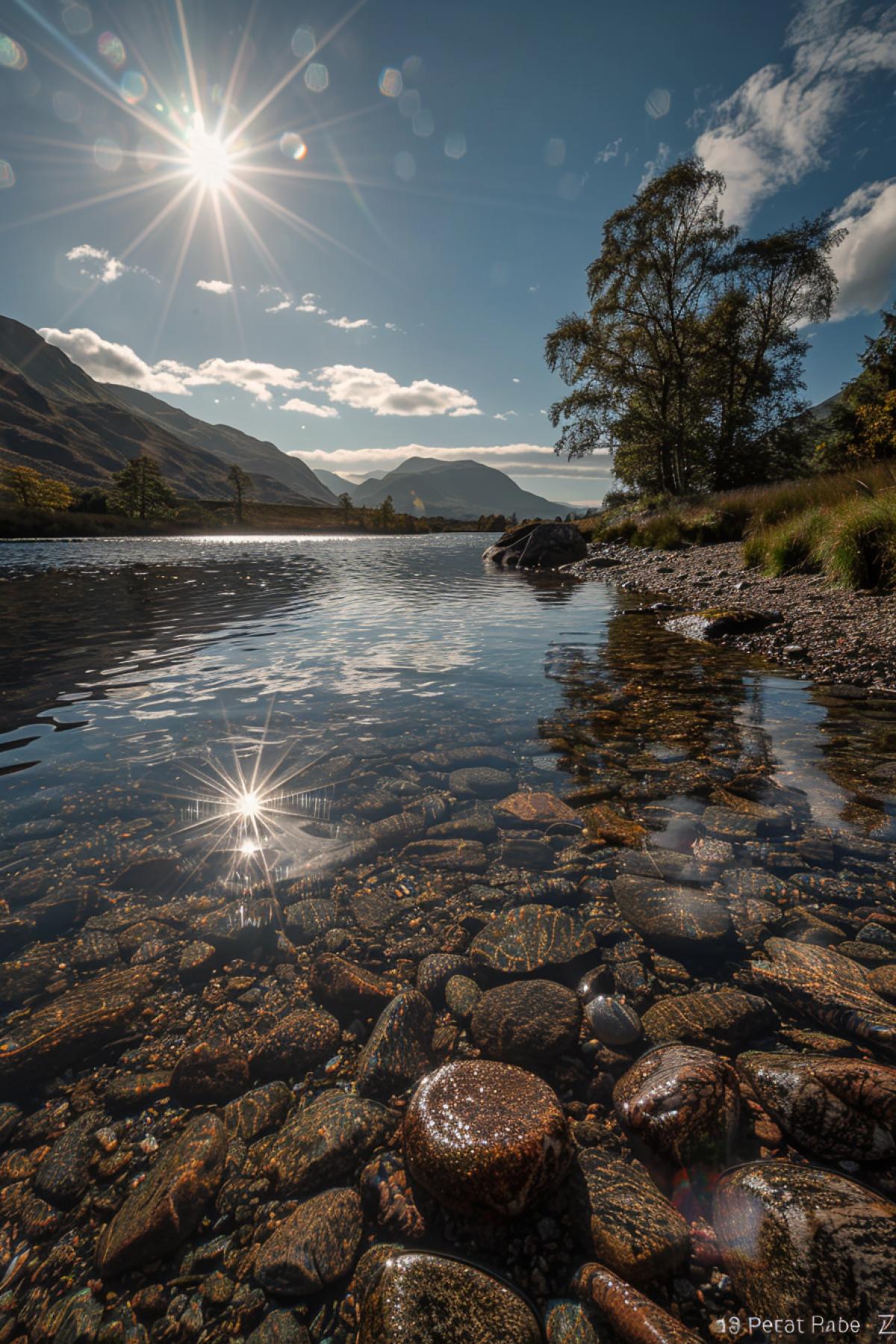 an image of the sun shining on water in the early autumn, in the style of desertwave, scottish landscapes, zeiss batis 18mm f/2.8, intricate patterns, delicate lines, landscape photography, iconic, soft focus lens
