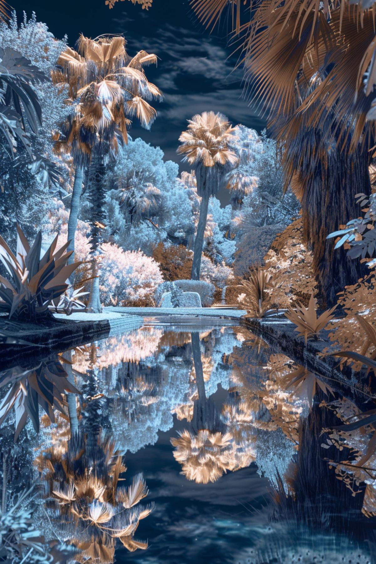 a shallow pool surrounded by trees and palms, reflection, flickr, dark cyan and bronze, blink-and-you-miss-it detail, rikon ff-9d,