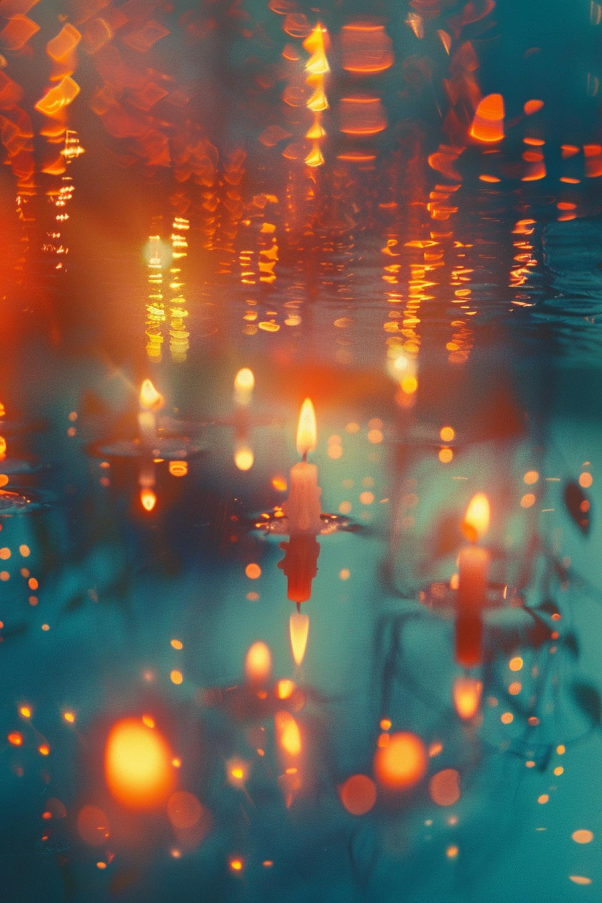 a picture of an abstract image of a Candlelight with reflections, in the style of dark orange and light azure, bertil nilsson, glimmering light effects, blink-and-you-miss-it detail, jessica drossin, photo taken with ektachrome