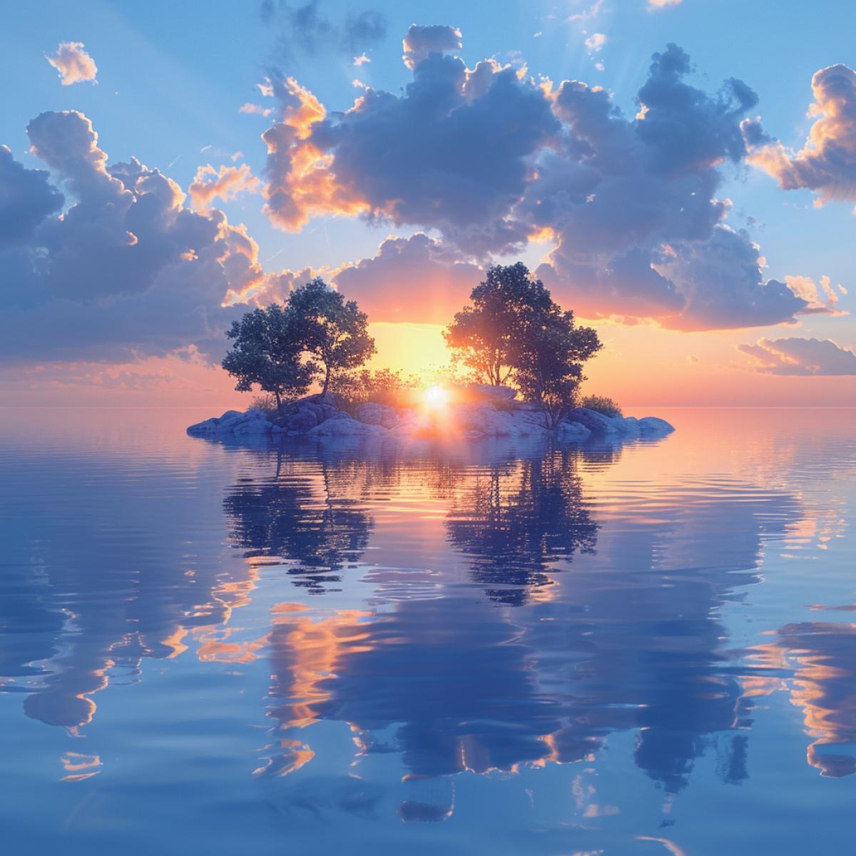 View of an uninhabited island surrounded by blue ocean, sunset, clouds reflected in the water, high-quality photo, hyper details