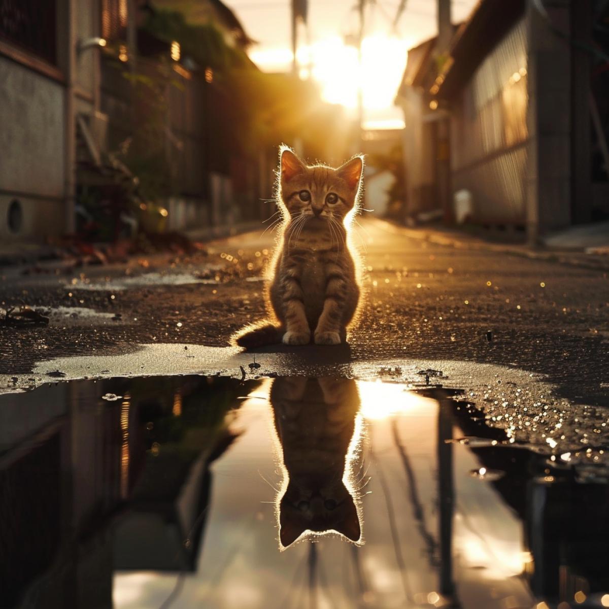 A photo of a puddle on the pavement reflecting a cute kitten sitting next to a puddle on a city street, urban beauty, striking Sunrise, breathtaking