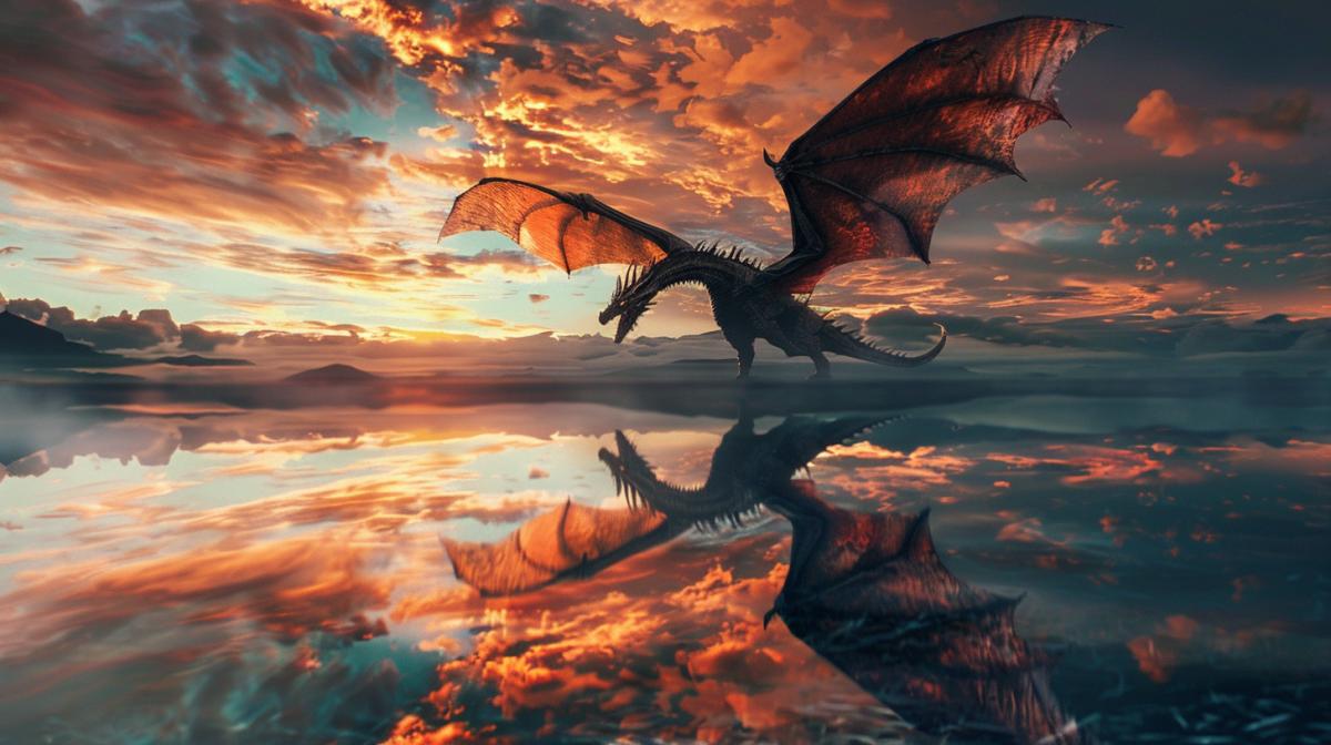 Reflection photography, The reflection of an detailed fire-breathing huge dragon flying through a dark and ominous island bay, striking sunset, breathtaking