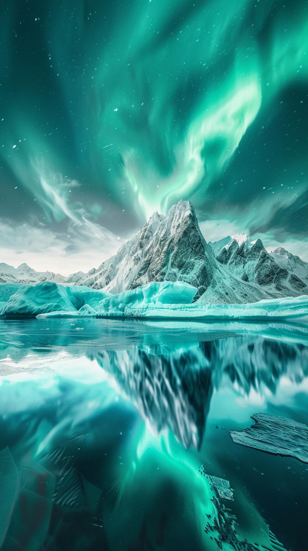 Neon Nature, Antarctic landscape, northern lights, aurora, Dancing sky lights, neon greens/purples, cold air scent, smooth snow textures, aurora ice reflection, ultra-realistic textures, vibrant yet natural color palette, minimalist aurora photography