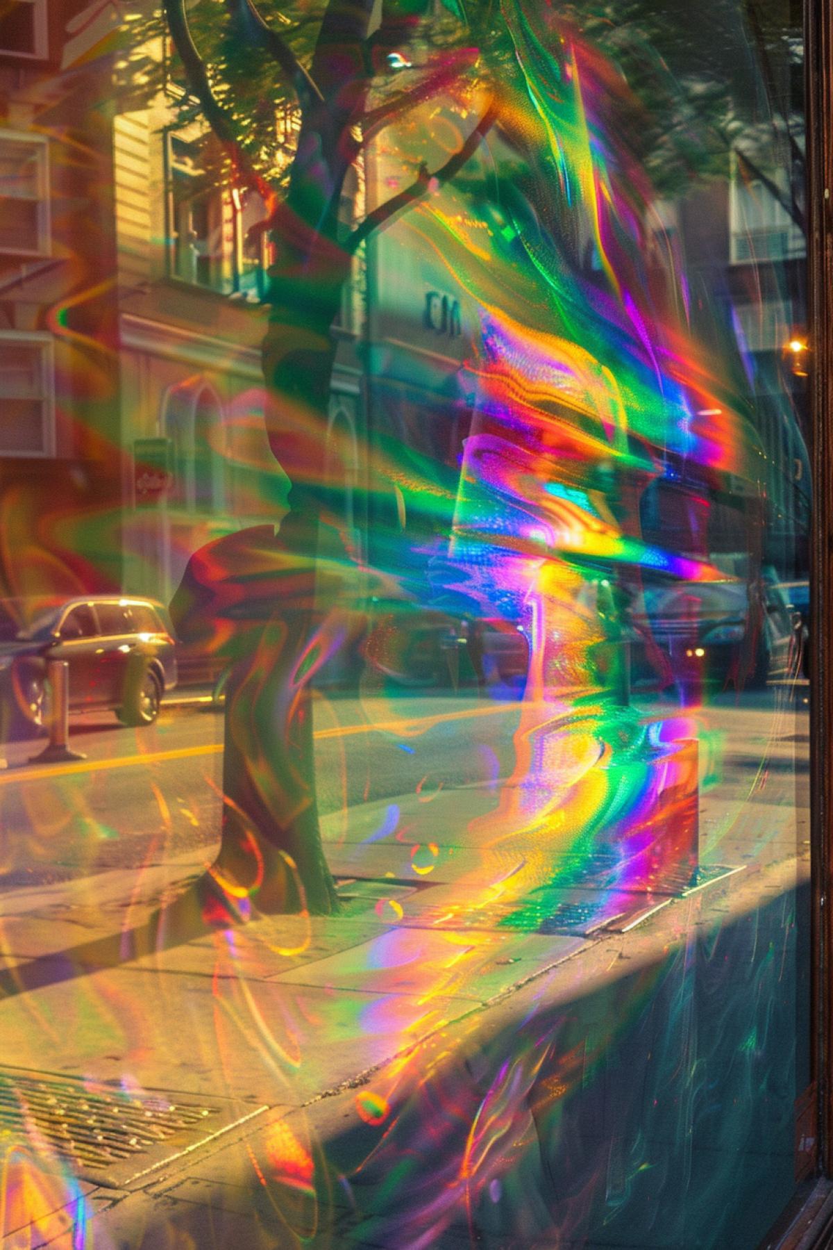reflection of the world in rainbow shop windows