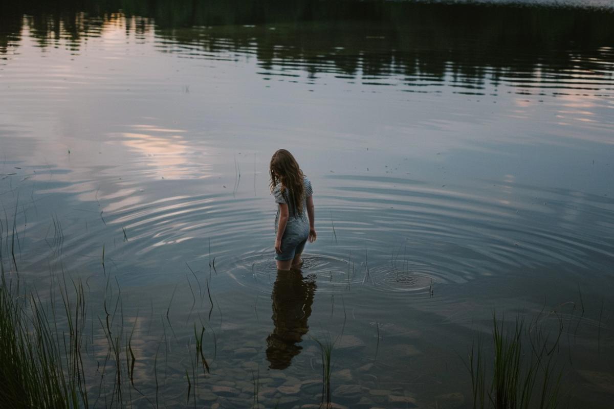 a girl stands waist-deep in water, water reflection, soft evening Rim lighting, lake
